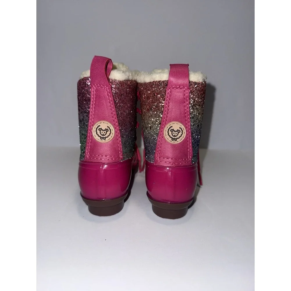 Adrienne Vittadini Bambini Girls Rain Boots 7 Fuchsia Pink Glitter Fur Snow NEW